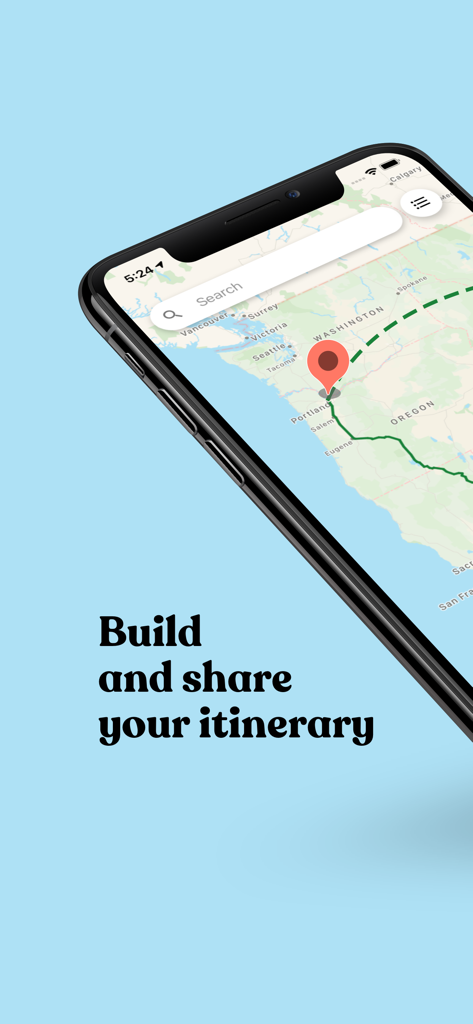 Roadie: Road Trip Planner & RV - iPhone screen showing the Roadie app map with the text Build and share your itinerary