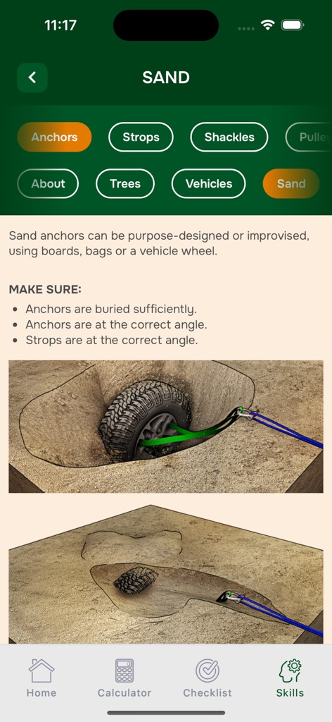 WINCH - Pantalla educativa en la aplicación WINCH que explica cómo usar una rueda enterrada como ancla de arena improvisada para la recuperación de vehículos todoterreno