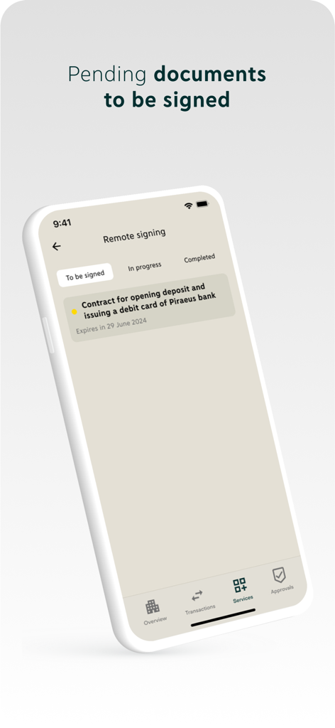 Interface of Piraeus Business app showing remote signing screen with pending documents to be signed