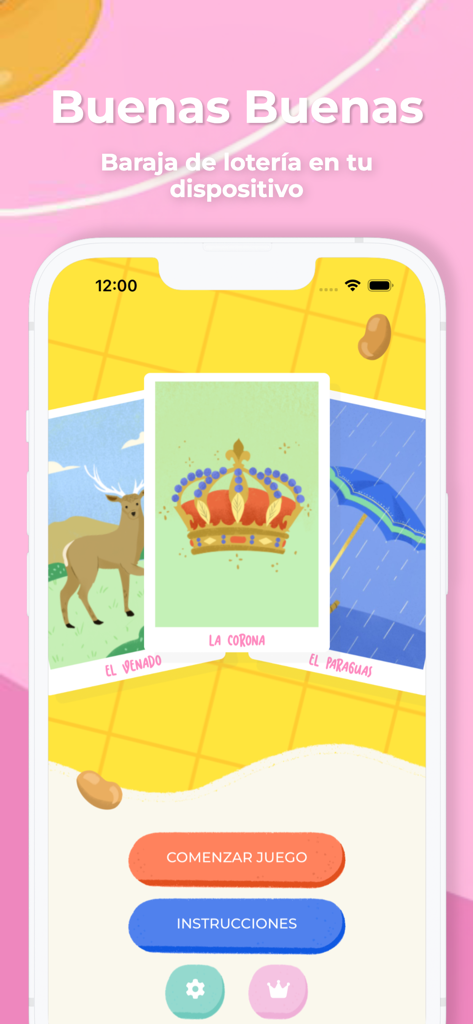 Buenas - Baraja de Loteria - Pantalla de inicio de la app Buenas Buenas Loteria mostrando cartas tradicionales como la corona y el venado con un botón para iniciar el juego