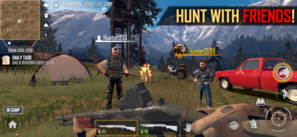 American Marksman - Multiplayer hunting and camping scene in American Marksman with players, a red truck, and a campfire.