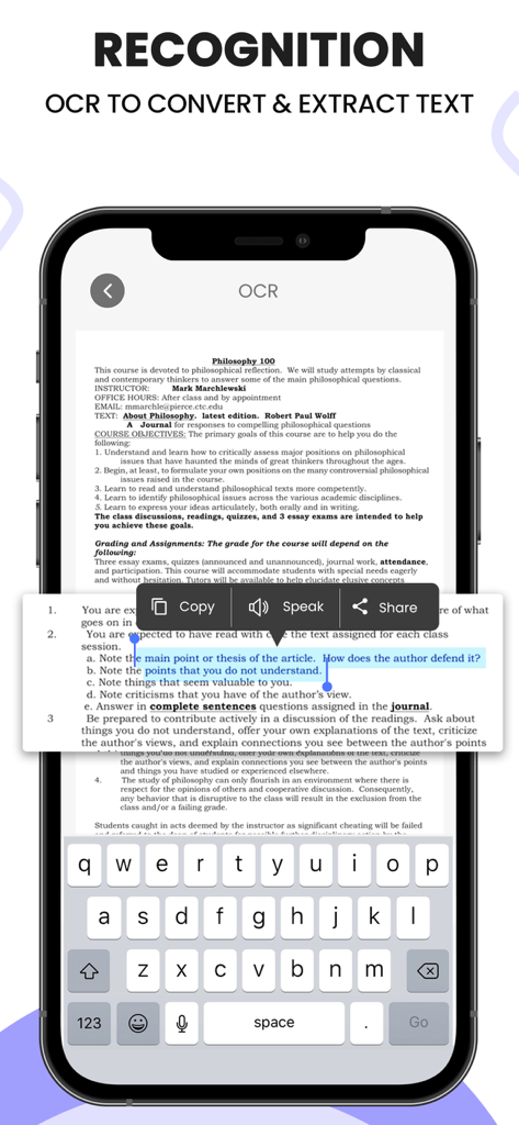 Scanner| Document PDF ScanLens - Smartphone-Oberfläche, die OCR-Texterkennung und -extraktion zeigt