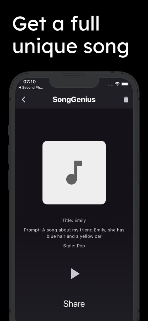 SongGenius: AI Music & Lyrics - A mobile interface for SongGenius app showing a generated pop song titled Emily with sharing and playback options.