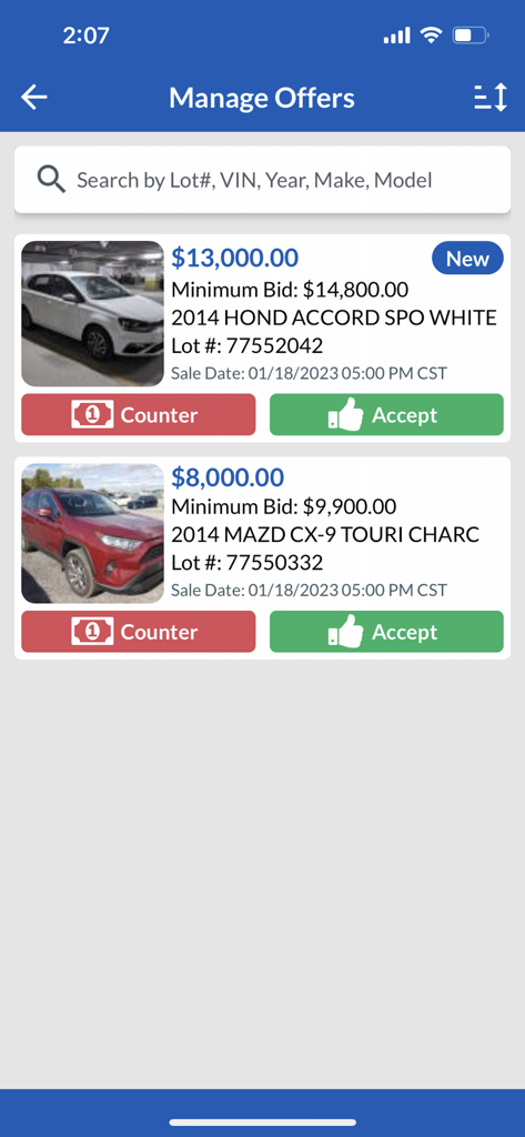 Interface of the Copart GO app showing the manage offers screen with vehicle listings and options to accept or counter bids