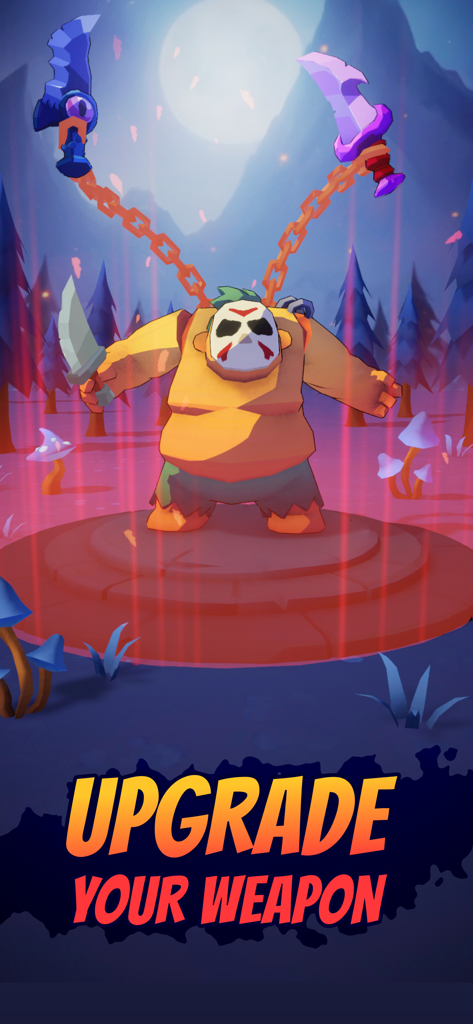 Butcher hero: hook'n'chew RPG - Personaje héroe Butcher con una máscara de hockey y cuchillas encadenadas como mejora de arma