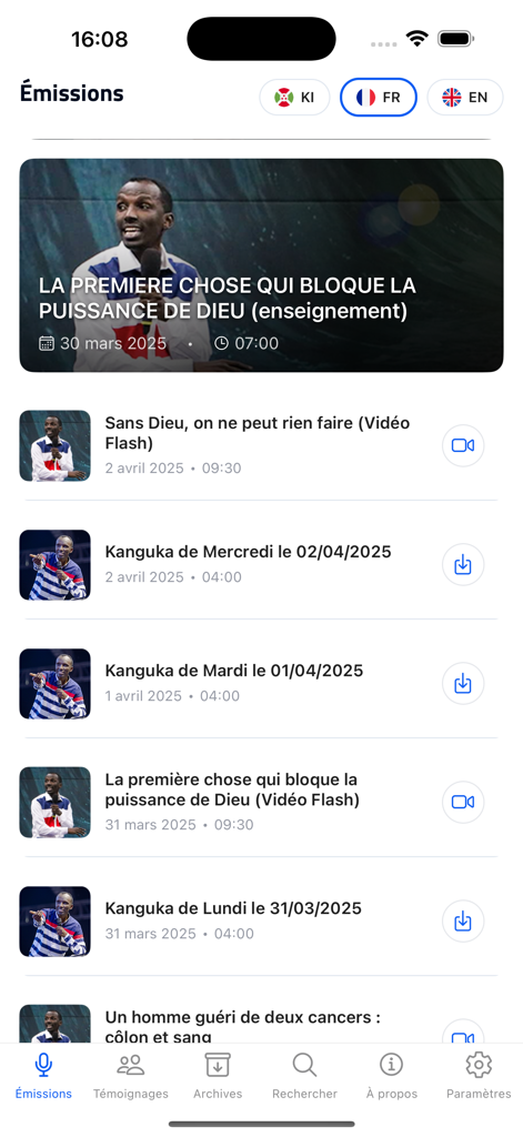 Kanguka - Interface of the Kanguka app showing a list of daily Christian spiritual broadcasts and teachings in French