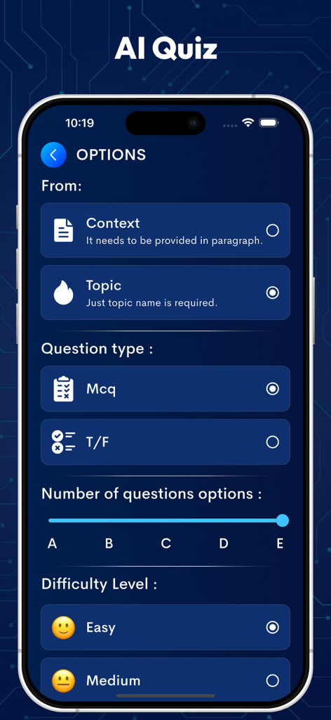 Questions Generator - AI Quiz - Customization screen for an AI quiz generator showing question types and difficulty levels