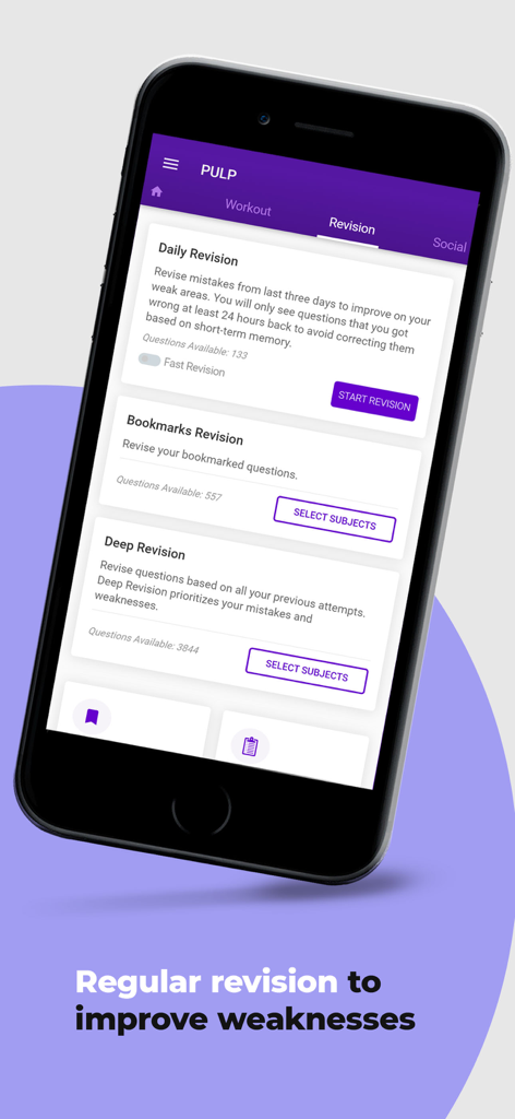 PULP app revision dashboard showing daily and deep revision options for NEET MDS dental exam prep