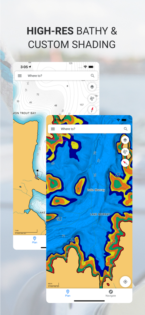 C-MAP: Boating - C-MAP Boating app screenshot showing high-resolution bathymetry and custom depth shading on a marine chart