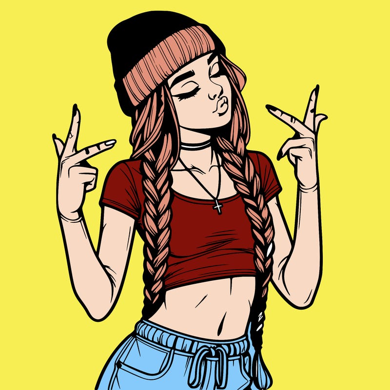 realistic teenage girl with braids and a beanie and crop top doing 🫶🏼