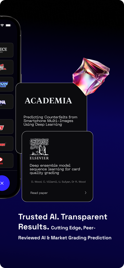 Screen showing peer reviewed academic research and scientific backing for the AI card grading technology