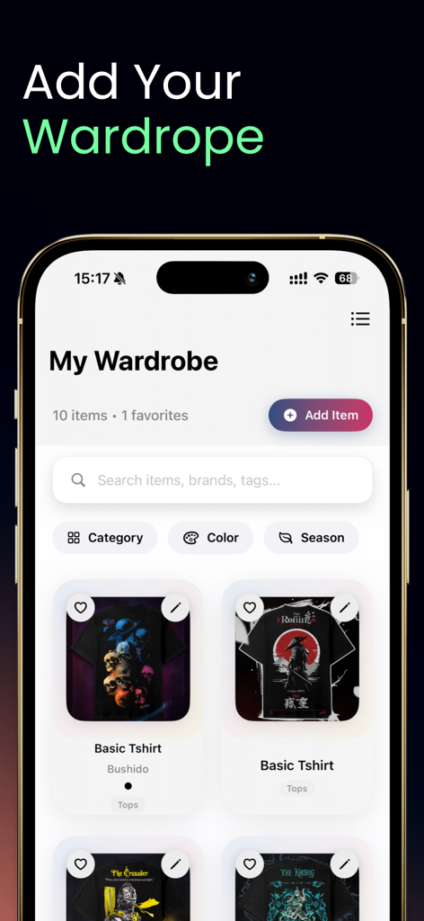 Closet & Outfit Organizer - Mobile app screen showing the My Wardrobe section with a digital gallery of clothing items and search filters for category color and season
