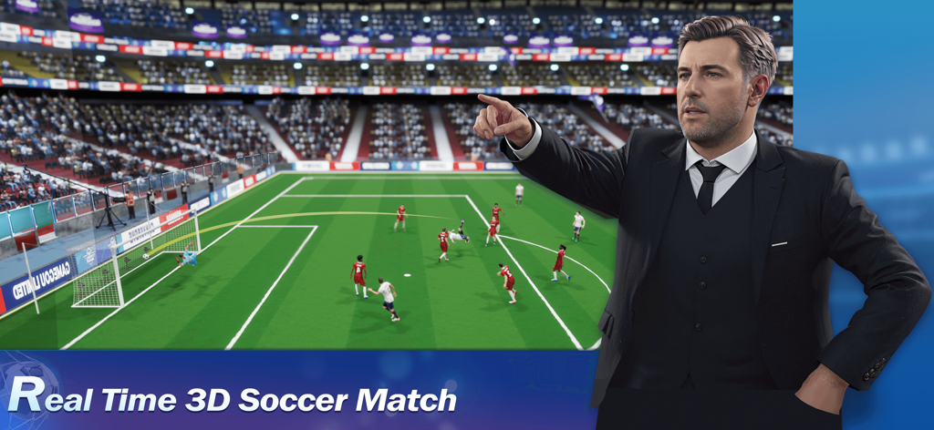 Ein Fußballmanager zeigt auf eine Echtzeit-3D-Fußballspielsimulation in einem vollen Stadion