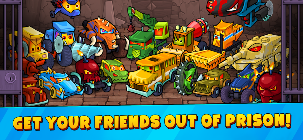 Car Eats Car 3 - Racing Cars - Um grupo de veículos monstruosos coloridos de desenho animado atrás das grades com o texto 'liberte seus amigos da prisão'