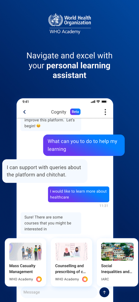 WHO Academy - Screenshot of the WHO Academy app showing a chat-based personal learning assistant recommending medical courses.