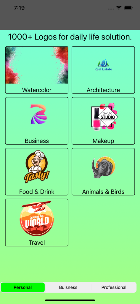 Create Logo Maker for Business - Una pantalla móvil que muestra una variedad de categorías de diseño de logos como Acuarela, Arquitectura, Negocios y Maquillaje.