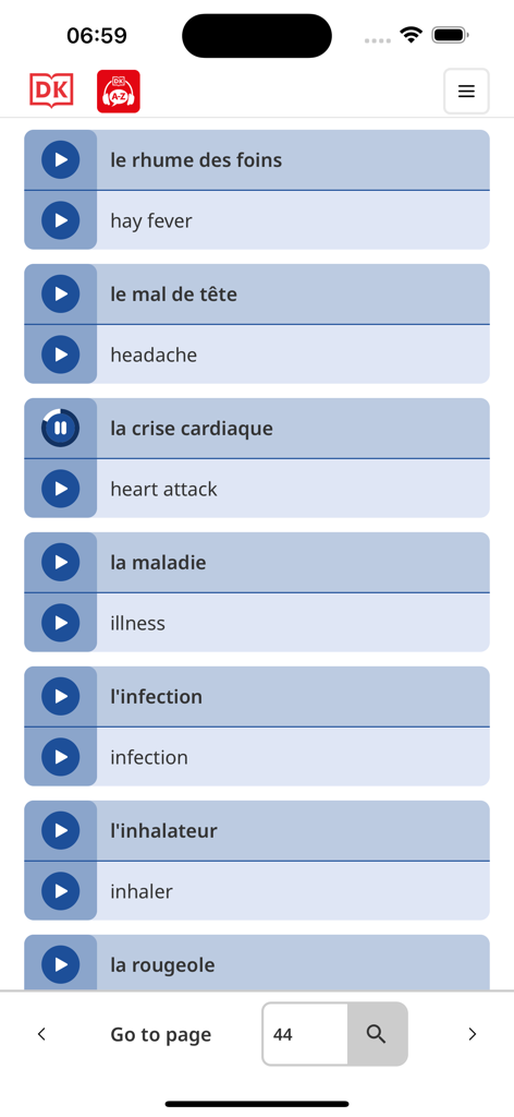 DK Bilingual Visual Dictionary - French and English health vocabulary list with audio play buttons in the DK Bilingual Visual Dictionary app