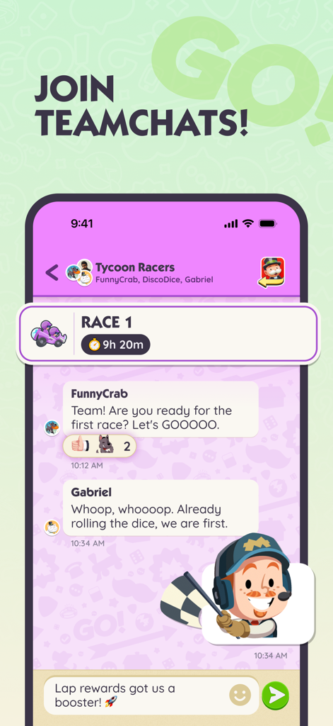 MONOPOLY GO!Chat - A screenshot of the MONOPOLY GO Chat app showing a team chat for a Tycoon Racers event where players coordinate strategy.