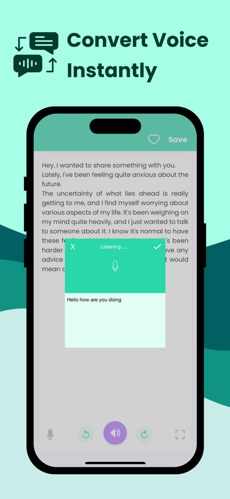 Text To Speech With AI. - Pantalla de teléfono inteligente que muestra la función de transcripción instantánea de voz a texto en la aplicación Texto a Voz con IA.