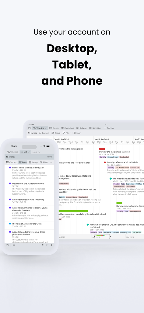 Aeon Timeline 3 - Interface de l'application Aeon Timeline 3 affichée sur un smartphone et une tablette pour illustrer l'accessibilité multi-appareils