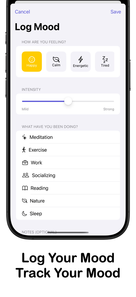 Take Breath - Meditation Focus - La schermata di monitoraggio dell'umore dell'app Take Breath dove gli utenti possono registrare sentimenti e attività quotidiane.