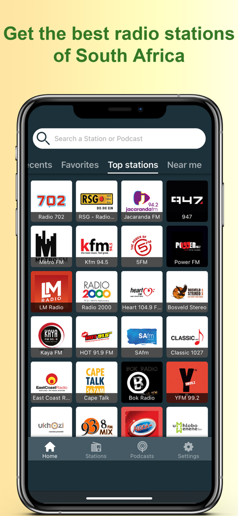 A smartphone screen displaying a grid of popular South African radio station logos within the app interface.