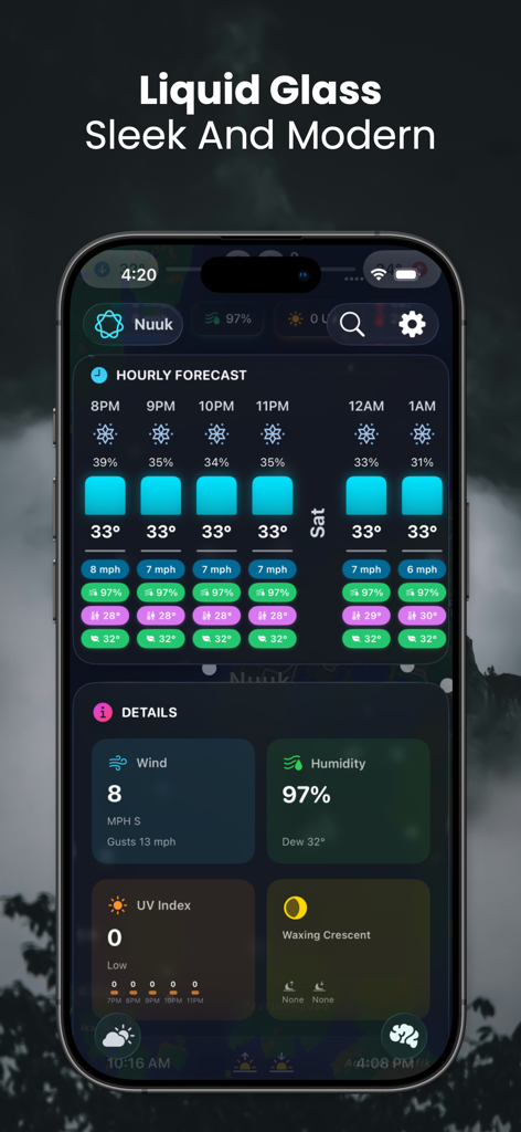 MetaWeather app screenshot displaying an hourly forecast and detailed weather metrics using a modern liquid glass theme.