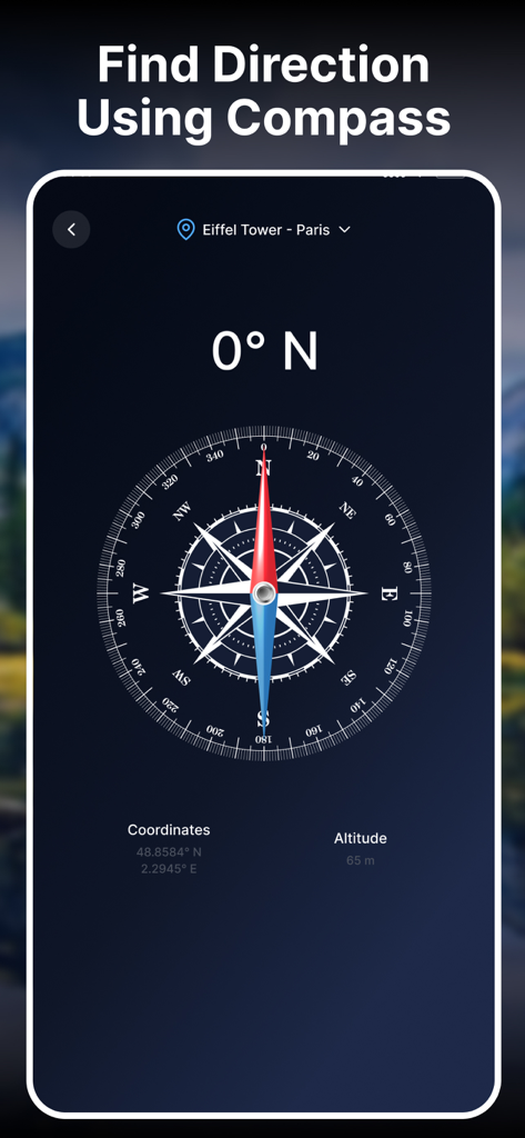 3D Earth Map Street View - Digital compass interface showing north direction and geographic coordinates for the Eiffel Tower