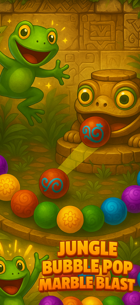 Marble Jungle: Blast Master 3D - Classic marble shooter gameplay with a frog character and colorful balls in a jungle theme.