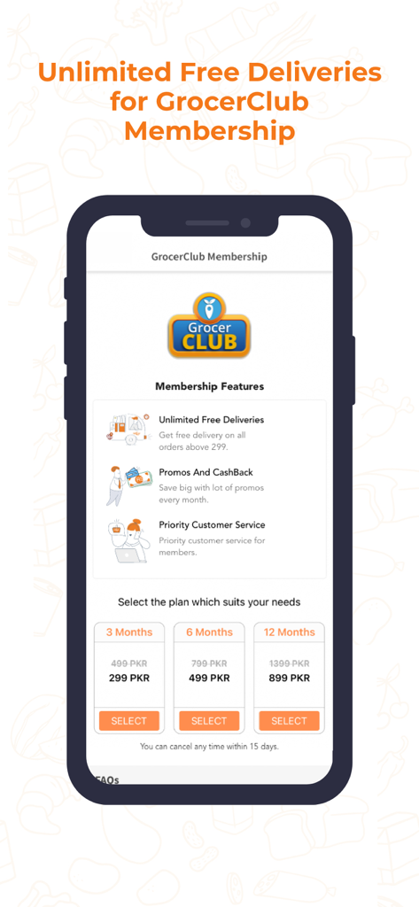 Mobile screen showing GrocerClub membership benefits including unlimited free deliveries and three subscription pricing plans