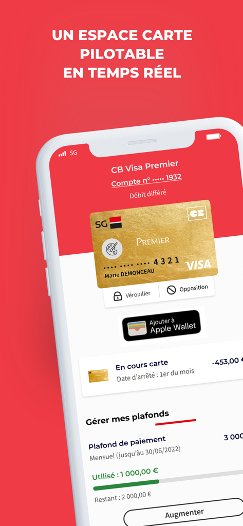 Societe Generale mobile app interface for real time credit card management and security settings