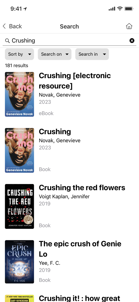 City of Ryde Libraries - Search results screen in the City of Ryde Libraries app showing a list of books and eBooks