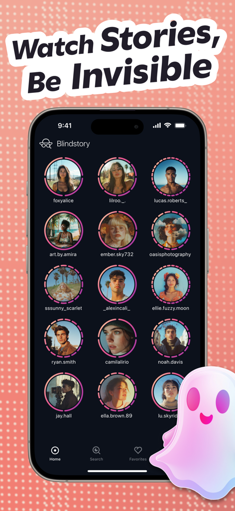 Blindstory app interface showing a grid of Instagram profiles for watching stories anonymously.
