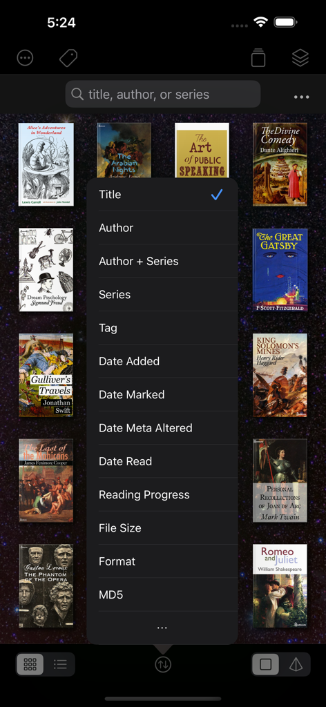 MapleRead CX - MapleRead CX library screen with a sorting menu for digital books