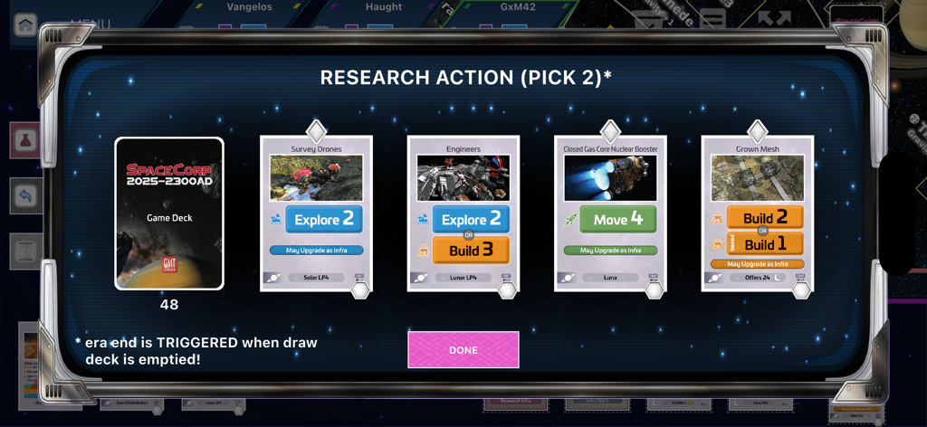 SpaceCorp - SpaceCorpの「研究アクション」画面、宇宙探検ミッションのための戦略的なカード選択を表示