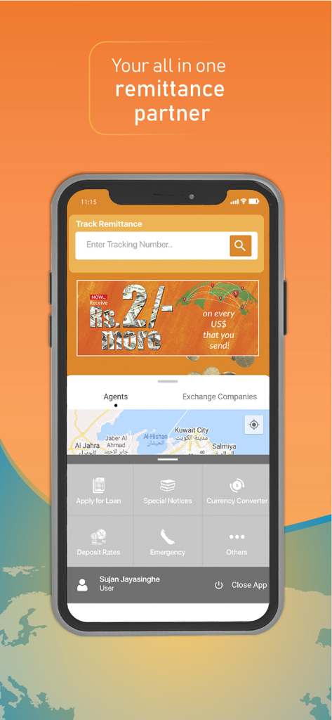 Sampath Bank Remitwise - Sampath Bank Remitwise mobile app interface displaying tracking tools, exchange rate information, and a map of agent locations.