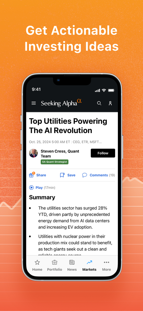 Interface de l'application mobile Seeking Alpha affichant un article d'analyse boursière