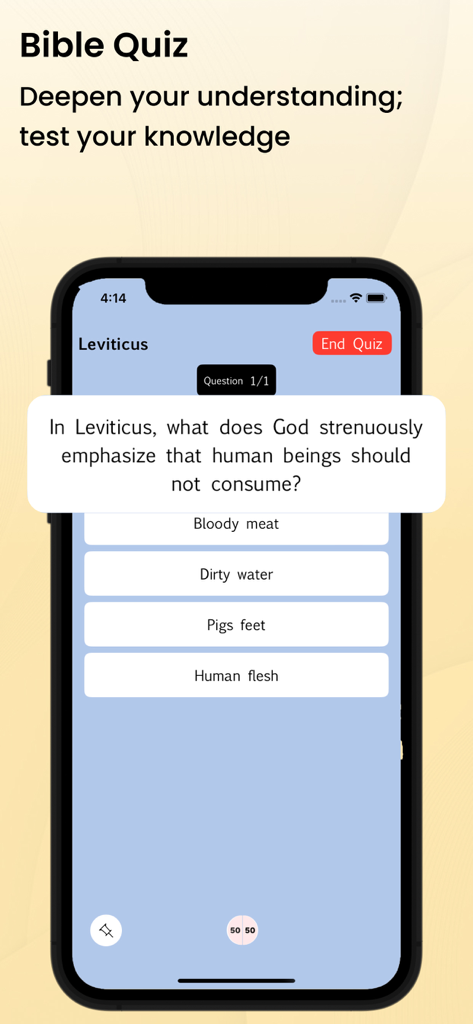A mobile screen showing a Bible quiz question about Leviticus in the Message Bible app
