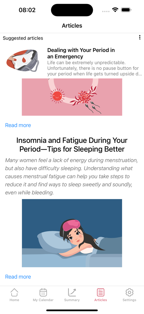 WomanLog Pro Calendar - Articles screen in the WomanLog Pro app featuring educational content on period health and fatigue management.