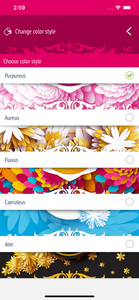 Secret Diary With Passcode - Customization screen showing various floral color styles for the secret diary app