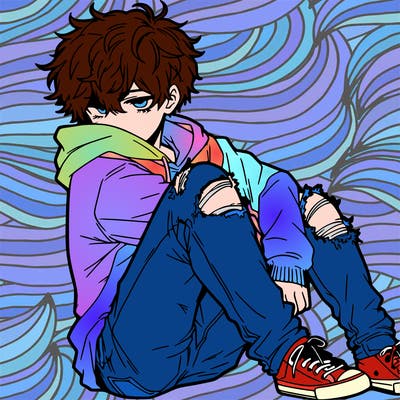 a male hoddie ripped jeans messy hair anime