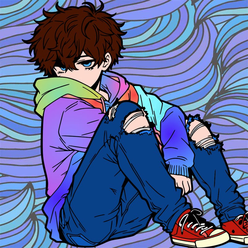 a male hoddie ripped jeans messy hair anime