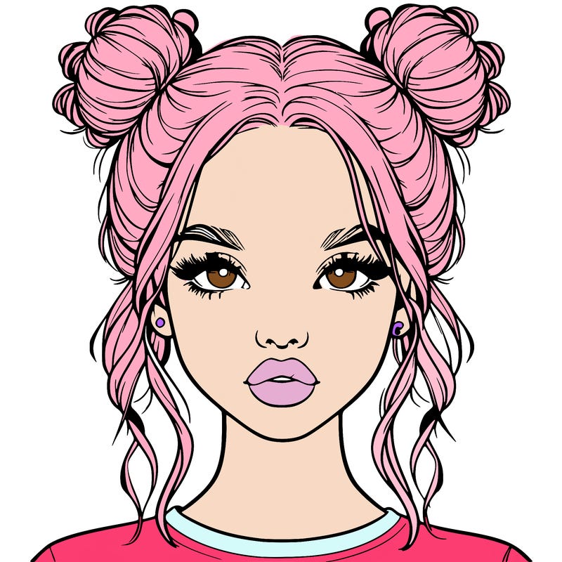 realistic girl with two buns in hair and lips