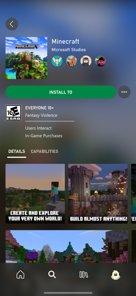 Xbox Game Pass - Xbox Game Pass mobile app showing the Minecraft game page with a large green remote install button and gameplay screenshots.