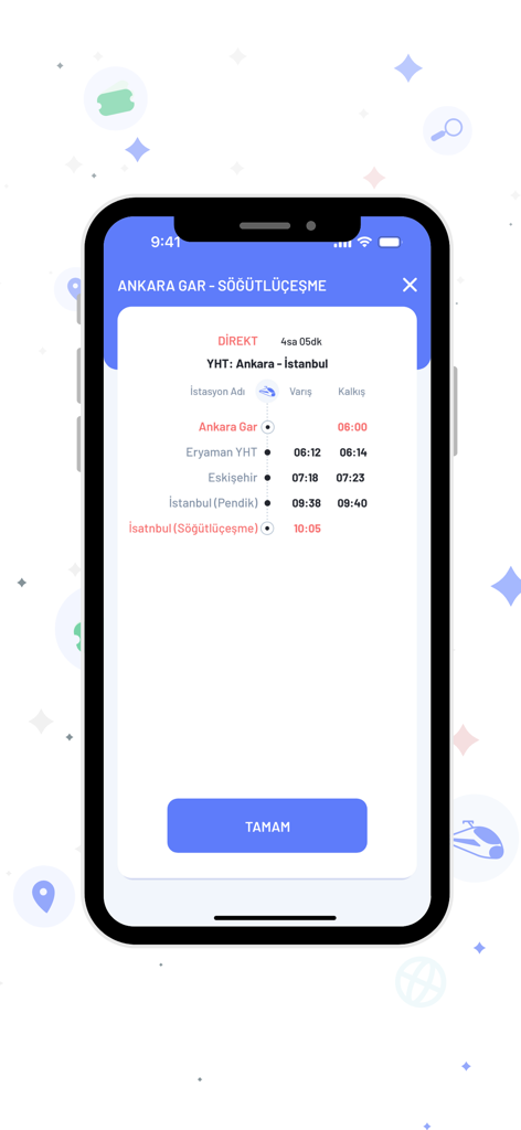 E-Bilet mobile app screen displaying a detailed high-speed train itinerary from Ankara to Istanbul with station stops and times