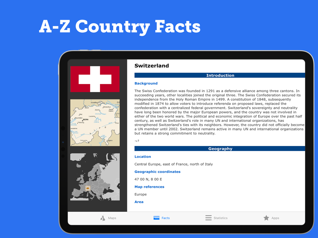 Atlas Pro: Maps & Facts - Aplicación Atlas Pro que muestra datos detallados y mapas de Suiza