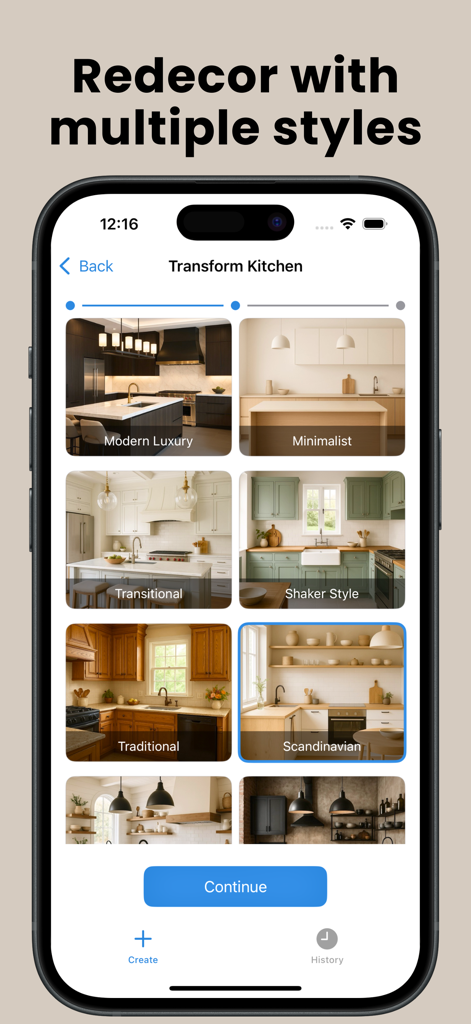 Una pantalla de aplicación móvil que muestra varios estilos de diseño de cocina, incluyendo Modern Luxury Minimalist y Scandinavian