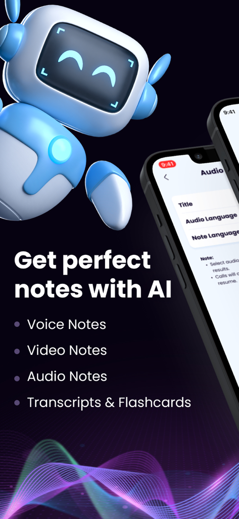 SmartNote - AI Note Taker - SmartNote app interface showing a blue 3D robot and a list of AI note taking features including voice video and audio notes