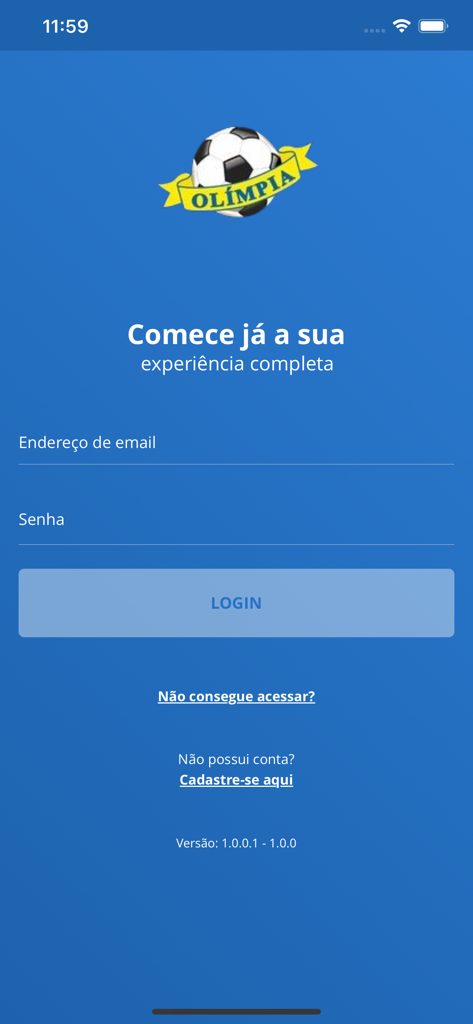 Olímpia Escola de Futebol - Login screen of the Olimpia Escola de Futebol mobile app with email and password input fields on a blue background