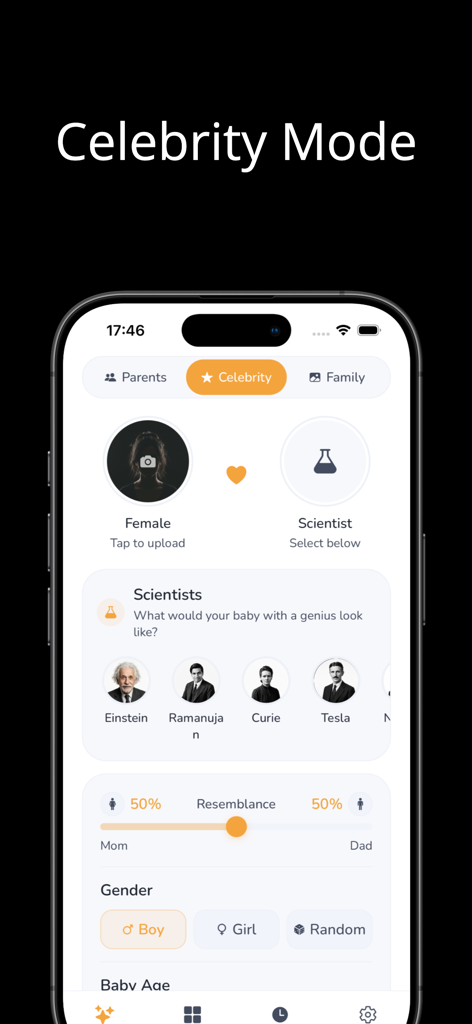 AI Baby Face Generator - Labs - Interfaz de la aplicación Generador de Caras de Bebé IA que muestra el Modo Celebridad para predecir la apariencia del bebé con científicos famosos como Einstein y Curie